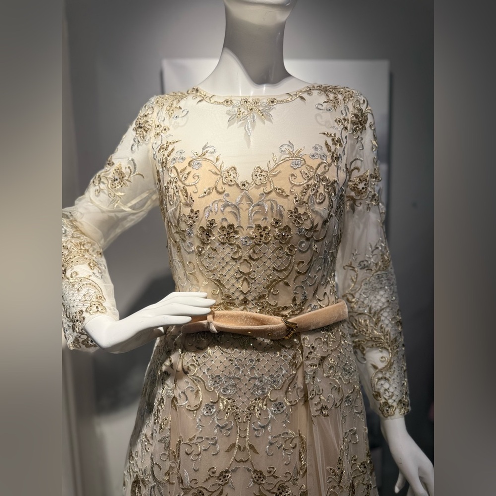 Elegant Gold Embroidered Long Sleeve Dress